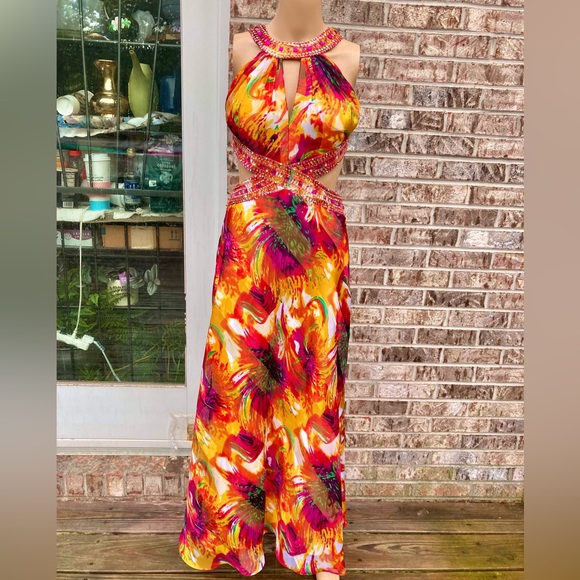 Watercolor Rainbow Rhinestone Halter Prom Dress - Picture 3 of 12